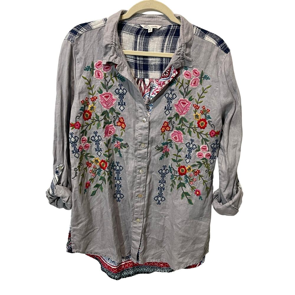 John Mark Gray Tunic with Pink & Red Floral Embroidery